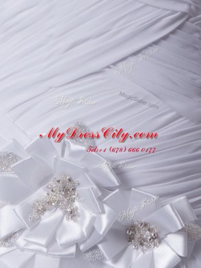 Fantastic White Wedding Gown Wedding Party and For with Beading and Ruffles and Ruching and Hand Made Flower Strapless Sleeveless Brush Train Lace Up