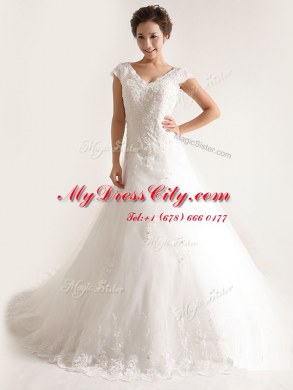 White Tulle Lace Up V-neck Cap Sleeves With Train Wedding Gown Chapel Train Lace and Appliques