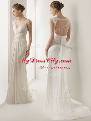 Sleeveless With Train Ruching Backless Wedding Dresses with White Brush Train