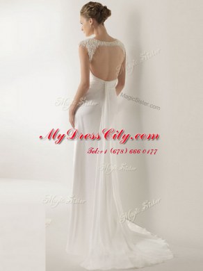 Sleeveless With Train Ruching Backless Wedding Dresses with White Brush Train