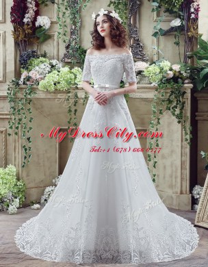 Off the Shoulder Short Sleeves Lace Court Train Lace Up Wedding Dresses in White with Lace and Appliques and Bowknot