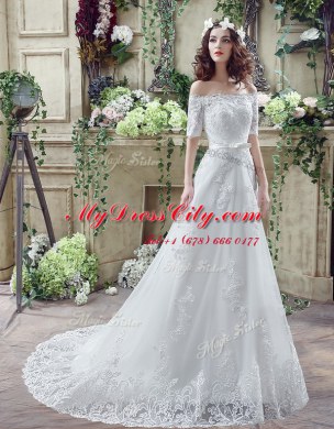 Off the Shoulder Short Sleeves Lace Court Train Lace Up Wedding Dresses in White with Lace and Appliques and Bowknot