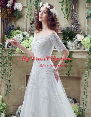 Off the Shoulder Short Sleeves Lace Court Train Lace Up Wedding Dresses in White with Lace and Appliques and Bowknot