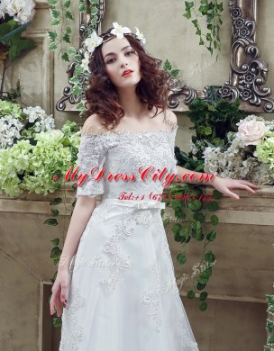 Off the Shoulder Short Sleeves Lace Court Train Lace Up Wedding Dresses in White with Lace and Appliques and Bowknot