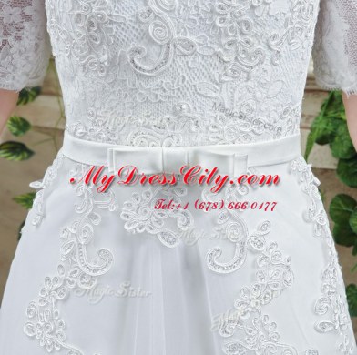 Off the Shoulder Short Sleeves Lace Court Train Lace Up Wedding Dresses in White with Lace and Appliques and Bowknot