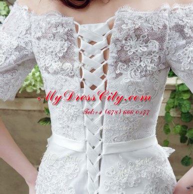 Off the Shoulder Short Sleeves Lace Court Train Lace Up Wedding Dresses in White with Lace and Appliques and Bowknot
