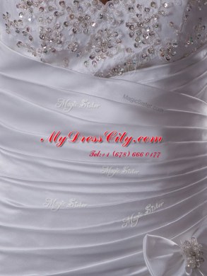 White Sleeveless Brush Train Beading and Lace and Appliques and Ruching and Bowknot Wedding Gowns