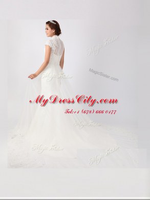 White Wedding Gowns Wedding Party and For with Lace High-neck Short Sleeves Chapel Train Clasp Handle