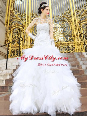 White Column/Sheath Sweetheart Sleeveless Tulle Floor Length Zipper Beading and Ruffles Wedding Dress