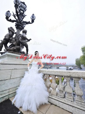 White Column/Sheath Sweetheart Sleeveless Tulle Floor Length Zipper Beading and Ruffles Wedding Dress