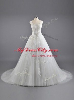 Tulle and Lace Straps Sleeveless Court Train Lace Up Lace Wedding Dresses in White