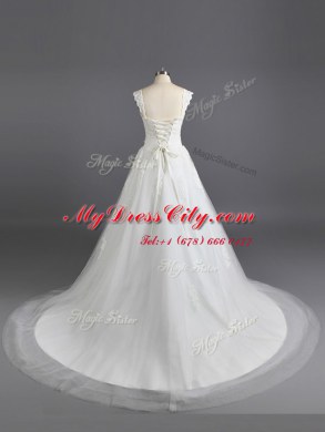 Tulle and Lace Straps Sleeveless Court Train Lace Up Lace Wedding Dresses in White