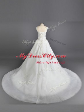 Dazzling White Straps Neckline Lace and Appliques Wedding Gowns Cap Sleeves Lace Up