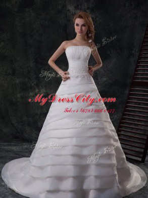 Ruffled With Train White Bridal Gown Strapless Sleeveless Brush Train Lace Up