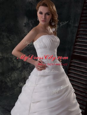 Ruffled With Train White Bridal Gown Strapless Sleeveless Brush Train Lace Up