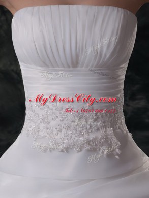 Ruffled With Train White Bridal Gown Strapless Sleeveless Brush Train Lace Up