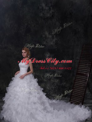 Chapel Train Ball Gowns Bridal Gown White Scoop Organza Sleeveless Lace Up