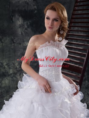 Chapel Train Ball Gowns Bridal Gown White Scoop Organza Sleeveless Lace Up