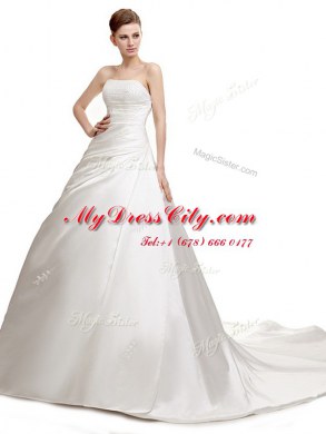 Adorable Sleeveless Court Train Lace Up With Train Ruching Wedding Gown