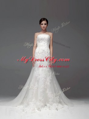 Tulle and Lace Sleeveless Wedding Gown Brush Train and Lace
