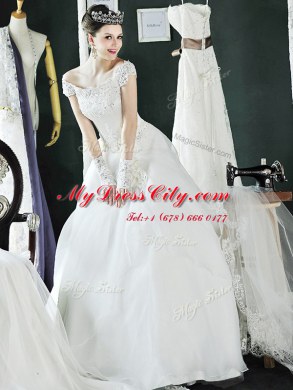 Vintage Off the Shoulder White Lace Up Wedding Gown Beading and Lace and Appliques Cap Sleeves Floor Length