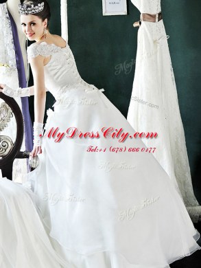 Vintage Off the Shoulder White Lace Up Wedding Gown Beading and Lace and Appliques Cap Sleeves Floor Length