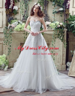 Clearance Beading and Lace and Appliques Bridal Gown White Lace Up Sleeveless Court Train