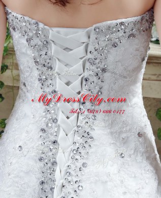 Clearance Beading and Lace and Appliques Bridal Gown White Lace Up Sleeveless Court Train