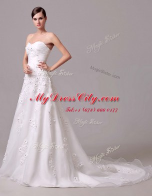Amazing Appliques and Hand Made Flower Wedding Dresses White Lace Up Sleeveless With Brush Train