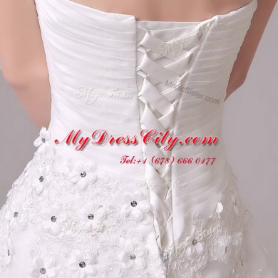 Amazing Appliques and Hand Made Flower Wedding Dresses White Lace Up Sleeveless With Brush Train