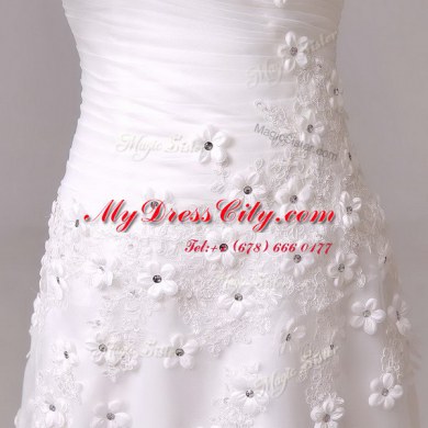 Amazing Appliques and Hand Made Flower Wedding Dresses White Lace Up Sleeveless With Brush Train