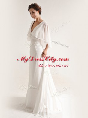 Delicate White V-neck Neckline Ruching Wedding Dresses Half Sleeves Zipper