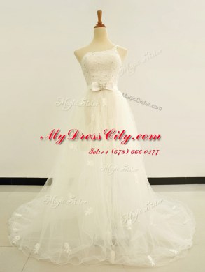 One Shoulder White Lace Up Wedding Gowns Beading and Lace and Hand Made Flower Sleeveless Brush Train