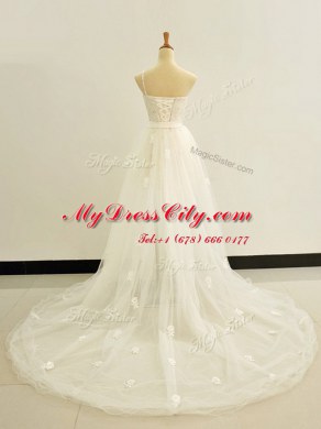 One Shoulder White Lace Up Wedding Gowns Beading and Lace and Hand Made Flower Sleeveless Brush Train