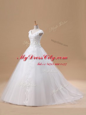 White A-line Tulle V-neck Short Sleeves Beading and Appliques With Train Lace Up Wedding Dresses Brush Train