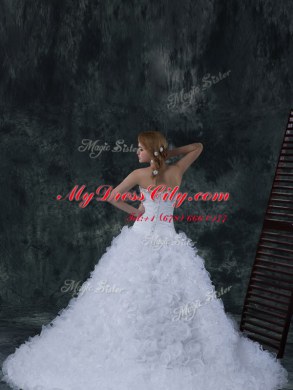 Court Train Column/Sheath Wedding Gowns White Strapless Fabric With Rolling Flowers Sleeveless With Train Lace Up