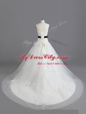 White Sleeveless With Train Beading and Appliques and Belt Lace Up Wedding Gown