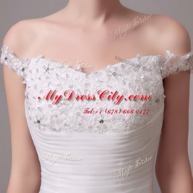 Excellent Off the Shoulder White Clasp Handle Wedding Gown Beading and Appliques and Ruching Sleeveless Court Train