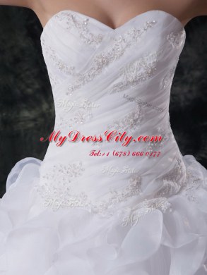 Extravagant Organza Sleeveless With Train Wedding Gowns Brush Train and Beading and Appliques and Ruffles