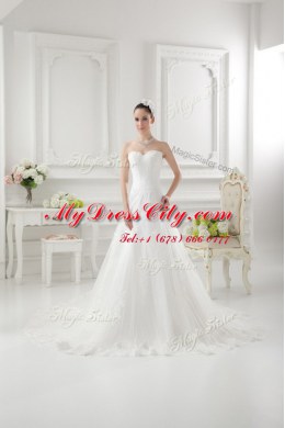 White Tulle Clasp Handle Wedding Dresses Sleeveless Sweep Train Lace and Appliques