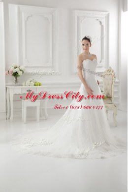 White Tulle Clasp Handle Wedding Dresses Sleeveless Sweep Train Lace and Appliques
