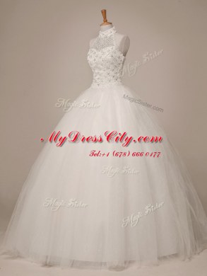 Great Halter Top Floor Length White Wedding Gown Tulle Sleeveless Beading