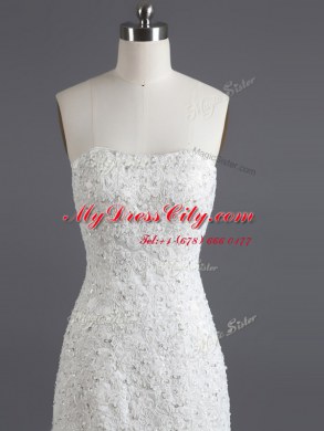 Mermaid White Tulle and Lace Lace Up Strapless Sleeveless With Train Wedding Dresses Court Train Ruffled Layers