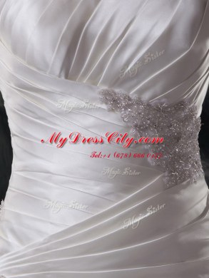 Sweet Mermaid Lace Up Wedding Gowns White for Wedding Party with Beading and Ruching and Pick Ups Brush Train