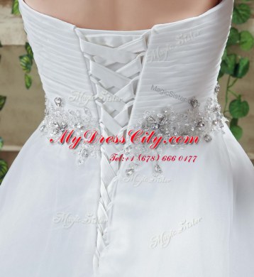 White Sleeveless Organza Court Train Lace Up Wedding Dress for Wedding Party