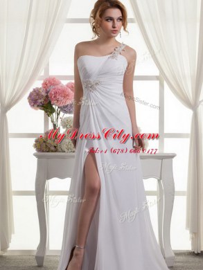 New Style One Shoulder Lace Up Bridal Gown White for Wedding Party with Beading and Ruching