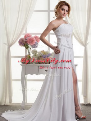 New Style One Shoulder Lace Up Bridal Gown White for Wedding Party with Beading and Ruching