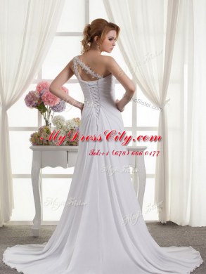 New Style One Shoulder Lace Up Bridal Gown White for Wedding Party with Beading and Ruching