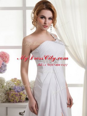 New Style One Shoulder Lace Up Bridal Gown White for Wedding Party with Beading and Ruching
