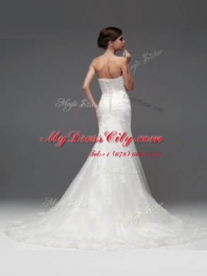 New Style Brush Train Column/Sheath Wedding Dress White Strapless Lace Sleeveless With Train Lace Up